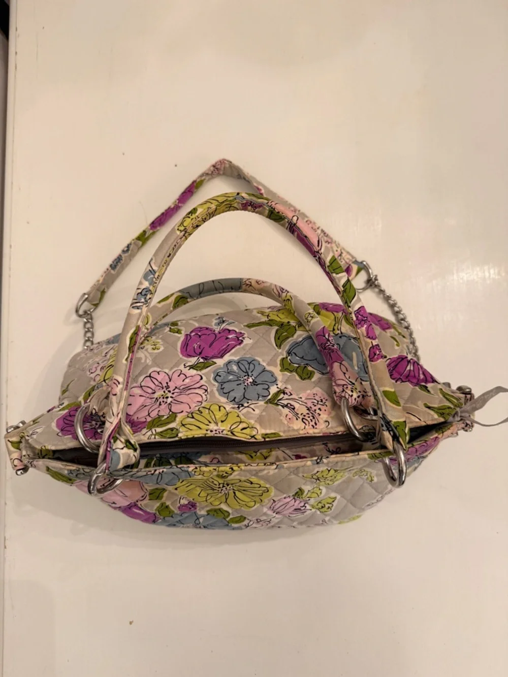 Vera Bradley Floral Quilted Satchel Bag Neutral Multi Cotton w Detachable Strap